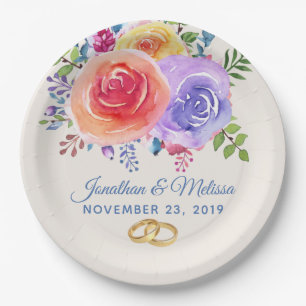 Colourful Roses Watercolor Floral Wedding Paper Plate