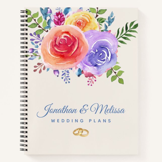 Colourful Roses Watercolor Floral Wedding Plans Notebook (Front)