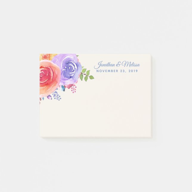 Colourful Roses Watercolor Floral Wedding Post-it Notes (Front)