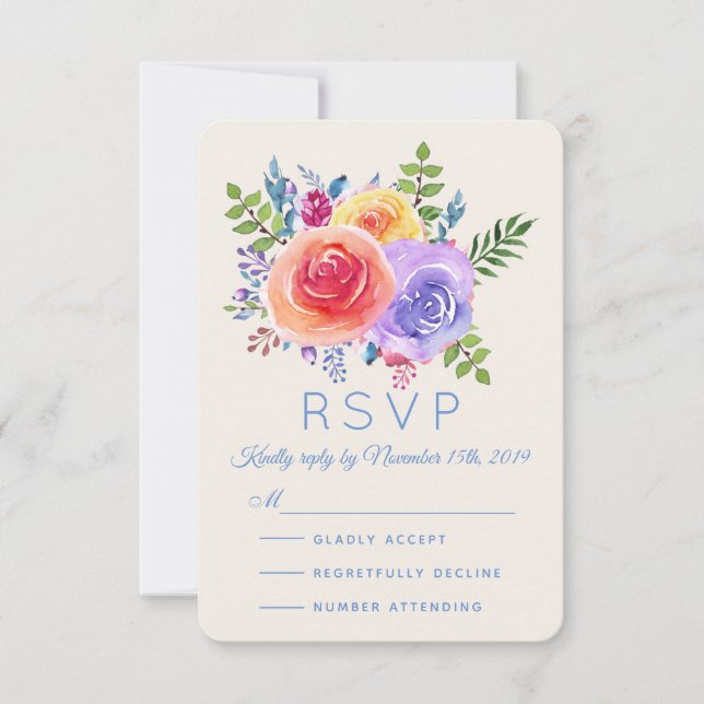 Colourful Roses Watercolor Floral Wedding RSVP (Front)