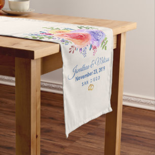 Colourful Roses Watercolor Floral Wedding Short Table Runner