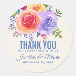 Colourful Roses Watercolor Floral Wedding Thank Yo Classic Round Sticker
