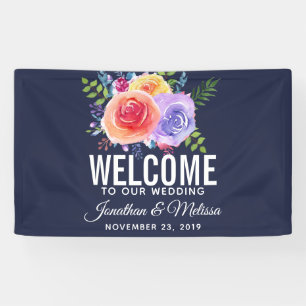 Colourful Roses Watercolor Floral Wedding Welcome Banner