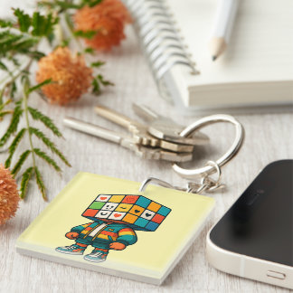 Colourful Rubik Cube Head Character Sticker Key Ring