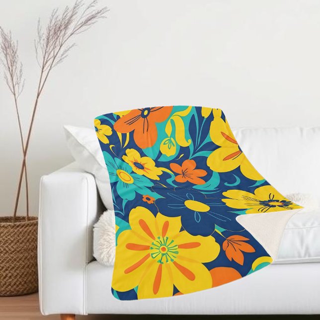 Colourful Rush Blooms-Dopamine Style-Retro Flowers Sherpa Blanket (Color Rush Blooms –Dopamine Style- Sherpa Blanket)