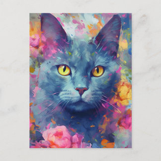 Colourful Russian Blue cat Postcard