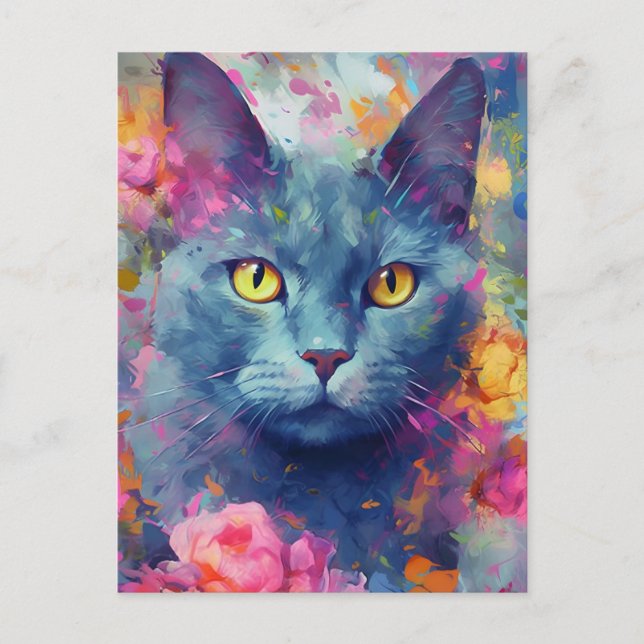 Colourful Russian Blue cat Postcard (Front)