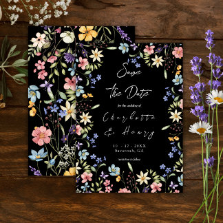 Colourful Rustic Botanical Wildflowers Black Save The Date