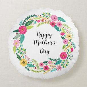 Colourful Rustic Floral Wreath Round Cushion