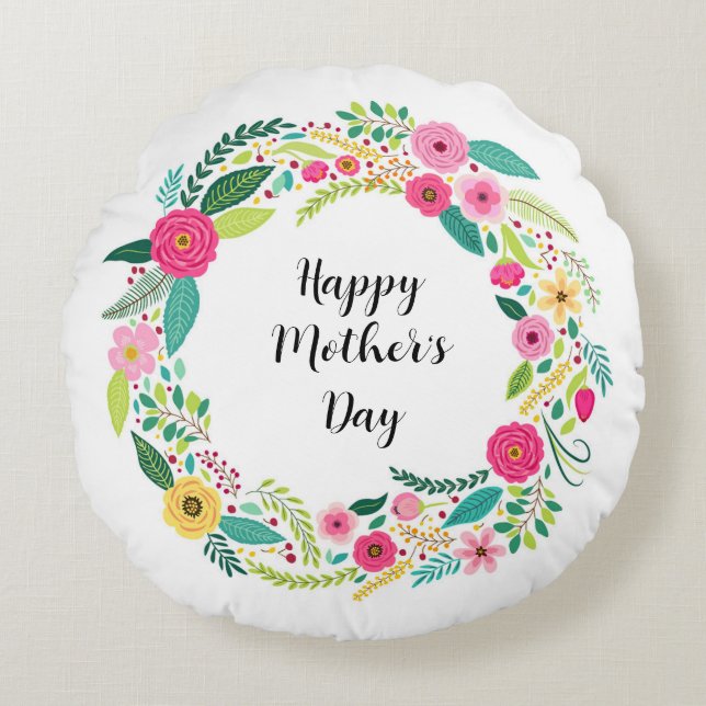Colourful Rustic Floral Wreath Round Cushion (Front)