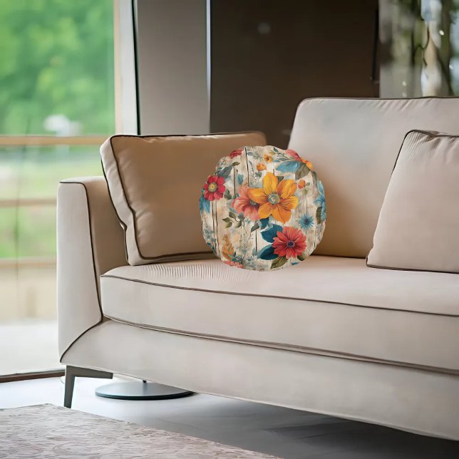 Colourful Rustic Flower  Round Cushion (Creator Uploaded)