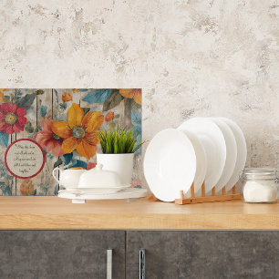 Colourful Rustic Flowers Customisable Glass Cutting Board