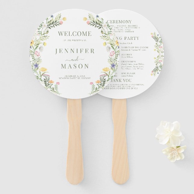 Colourful Rustic Meadow Wild Flower Wedding Progra Hand Fan (Front and Back)