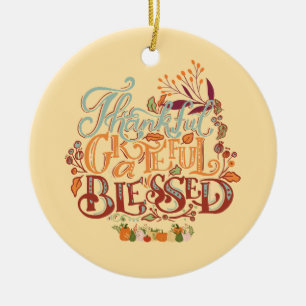 Colourful rustic Thankful Grateful Blessed Ceramic Tree Decoration