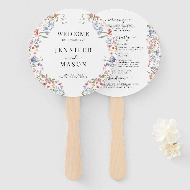 Colourful Rustic Wildflower Wreath Wedding Program Hand Fan (Front and Back)