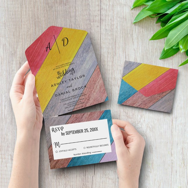 Colourful rustic wood All in One Wedding Invite (Creator Uploaded)