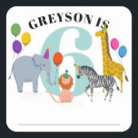 Colourful Safari Animals Birthday Kid Name Tag<br><div class="desc">Use this colourful and bright birthday sticker as a name tag for the guests of at your kid's birthday party. Personalise it with the name text announcing who's having a birthday and a large blue number tells the kid's new age. Party ready African animals, an elephant, giraffe, zebra and lion...</div>