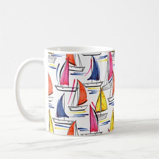 Colourful Sailboat Sailing Summer Nautical Pattern Coffee Mug (Left)