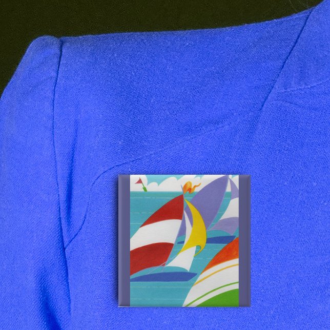 Colourful Sailboats 15 Cm Square Badge (Abstract sailboats bright colours blue lake clouds on square pin back button.)