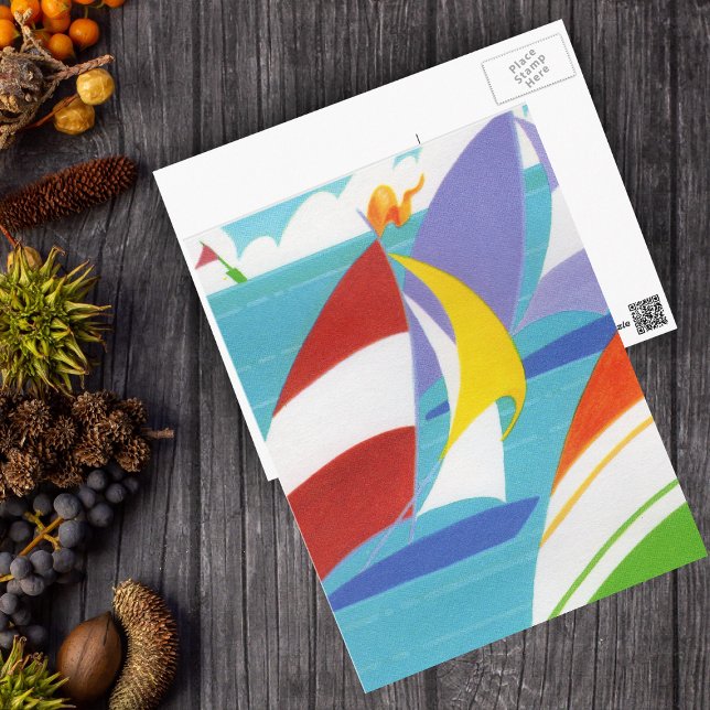 Colourful Sailboats Postcard (Abstract colourful sailboats in blue lake sky clouds on postcard.)