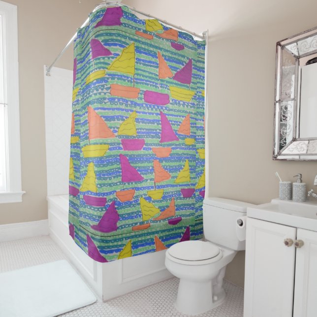 Colourful Sailboats Shower Curtain (In Situ)