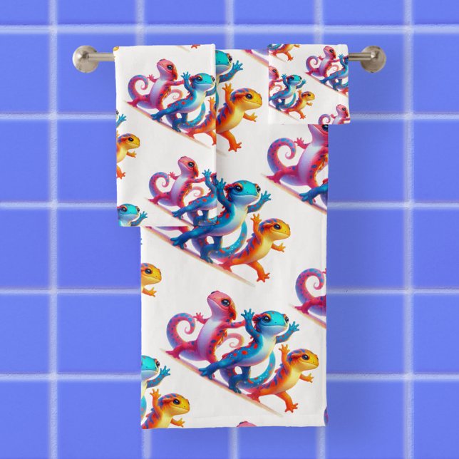 Colourful Salamanders do the Salamander Slide Bath Towel Set (Dancing Salamanders Bath Towel Set Cover Photo)