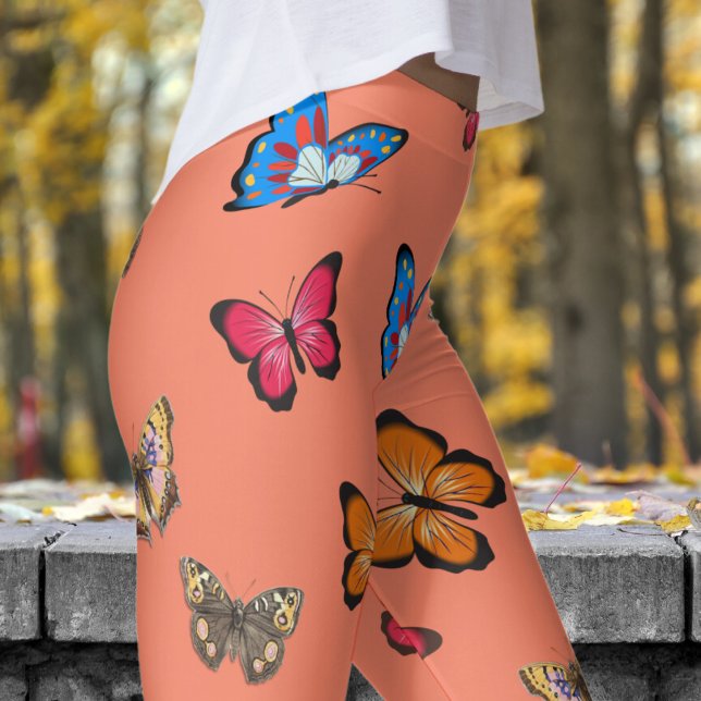 Colourful Salmon Pink Butterflies Pattern Leggings (Colorful Butterflies on Salmon)