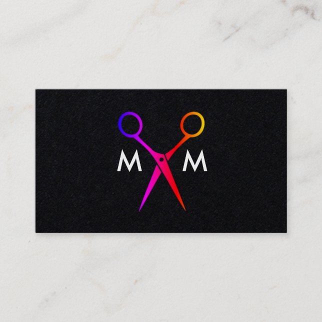 Colourful Salon Shears Monogram Business Card (Front)