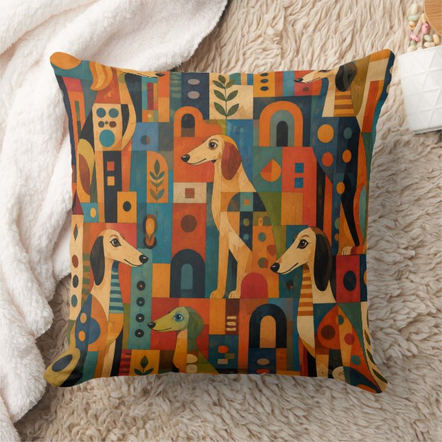 Colourful Saluki Folk Art  Cushion (Blanket)