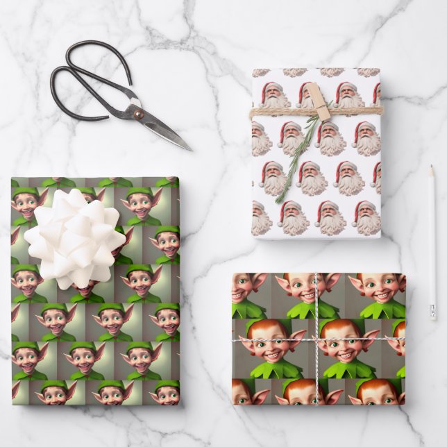 Colourful Santa and Elves Wrapping Paper Sheets (Front)