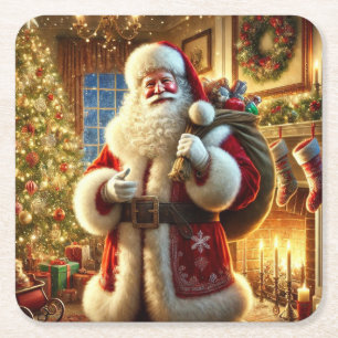 Colourful Santa Claus Resting Before Continuing on Square Paper Coaster