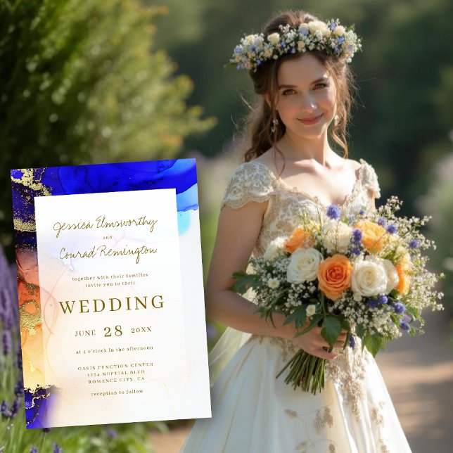 Colourful Sapphire Blue Gold Orange Wedding Invitation (Colorful Sapphire Blue Gold Orange Wedding Invitation. Model is AI Gen. )