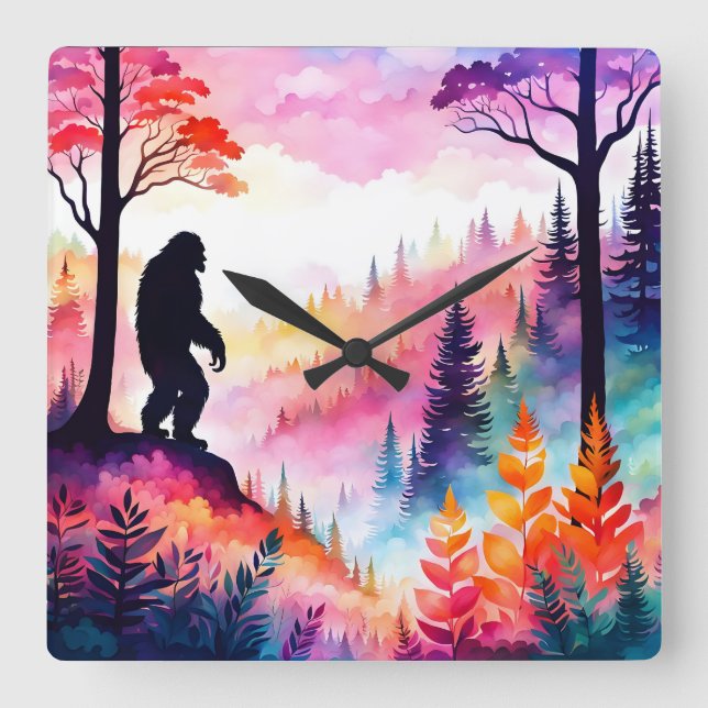 Colourful Sasquatch on Ridge overlooking the fores Square Wall Clock (Front)