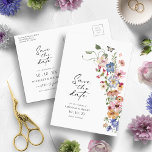 Colourful Save The Date Postcard<br><div class="desc">Our Colourful Floral Save The Date is the perfect way to share your joyous event! Unique and whimsical, this modern announcement features stunning rustic boho chic hand-painted watercolor florals in colours of dark blue, bright pink, blush pink, golden yellow, vibrant red, and sage green leaves that are perfect for modern...</div>