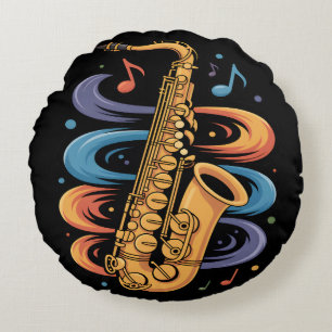 Colourful Saxophone Music Flow Jazz Instrument Round Cushion