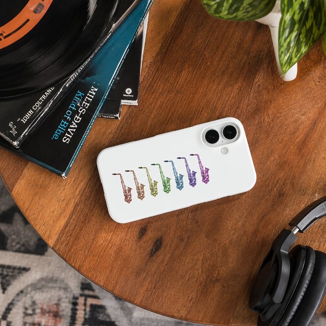 Colourful Saxophone Rainbow Case-Mate iPhone Case (A phone case with a colorful lineup of alto saxophones.)