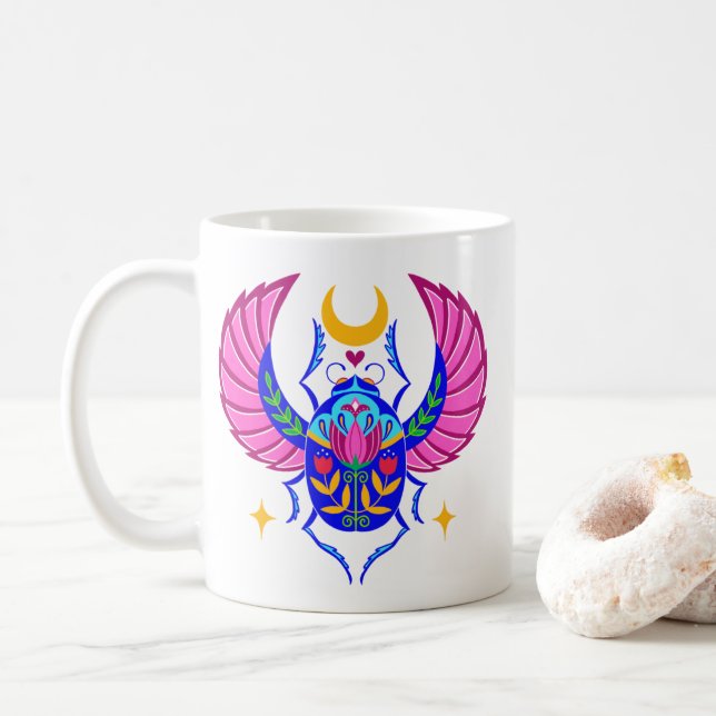 Colourful Scarab folk art coffee mug (With Donut)