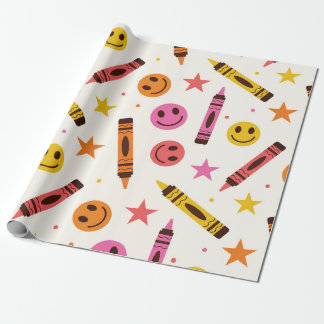 Colourful School Crayons with Happy Faces Pattern Wrapping Paper
