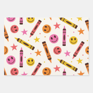Colourful School Crayons with Happy Faces Pattern Wrapping Paper Sheet