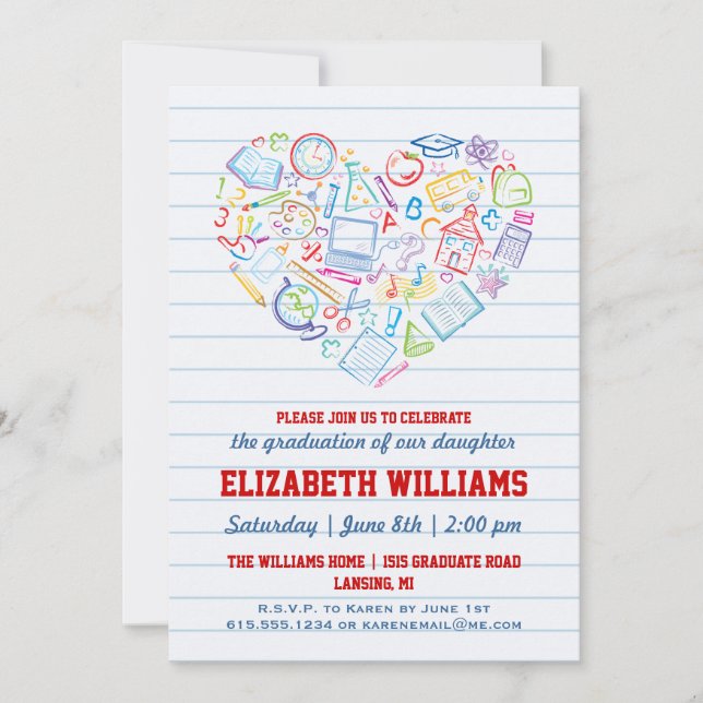 Colourful School Heart Graduation Invitation (Front)
