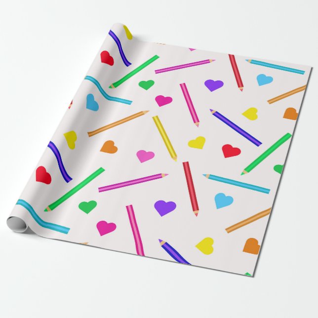 Colourful School pencils Pattern with little heart Wrapping Paper (Unrolled)