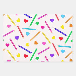 Colourful School pencils Pattern with little heart Wrapping Paper Sheet