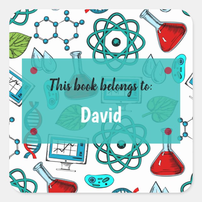 Colourful School Science Pattern Personalised Squa Square Sticker (Front)