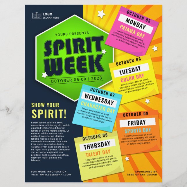 Colourful School Spirit Week Event Calendar Flyer (Front)