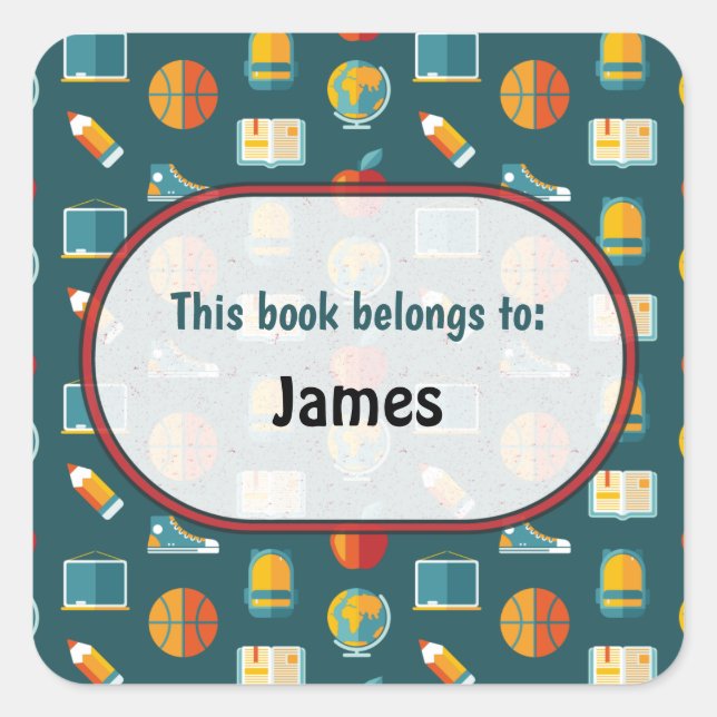 Colourful School Supplies Pattern Personalised Squ Square Sticker (Front)