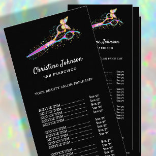 colourful scissors hair stylist black price list rack card