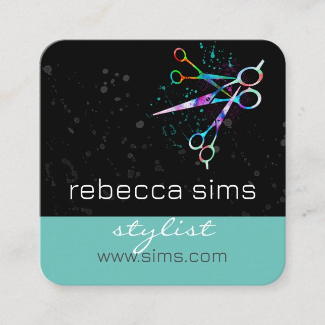 colourful scissors on black and teal modern bold square business card (Front)