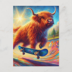Colourful Scottish Highland Cow Skateboarding Postcard