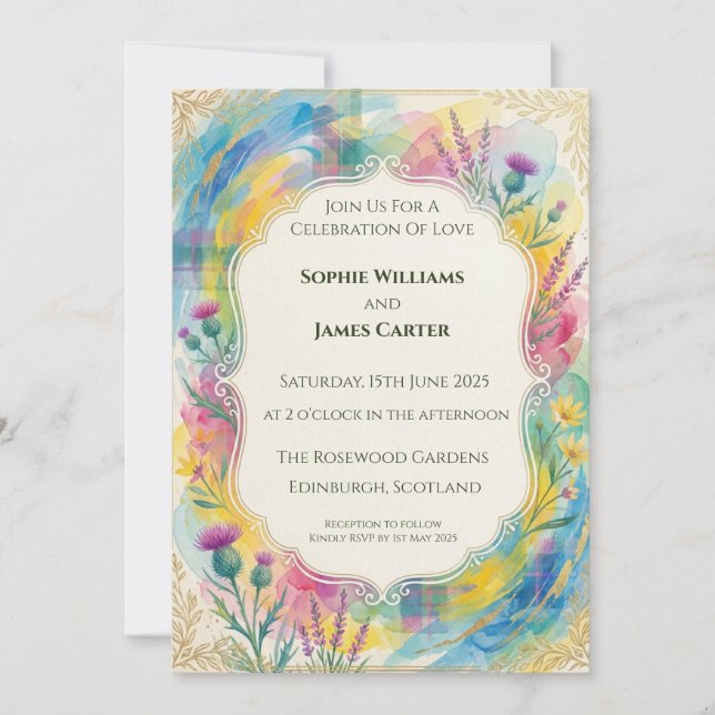 Colourful Scottish Wildflower Wedding Invitation (Front)