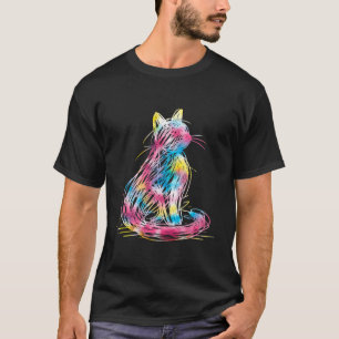 Colourful Scribble Cat Minimal Line Art Japanese L T-Shirt